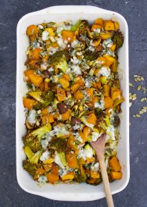 Pompoen ovenschotel met broccoli en pompoenpitten