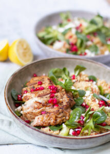 Kalfsribeye met een couscous salade van granaatappel, feta & munt