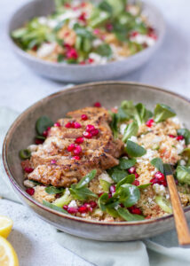 Kalfsribeye met een couscous salade van granaatappel, feta & munt