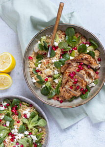 Kalfsribeye met een couscous salade van granaatappel, feta & munt