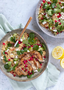 Kalfsribeye met een couscous salade van granaatappel, feta & munt