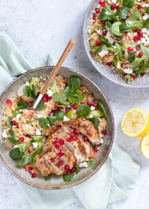 Kalfsribeye met een couscous salade van granaatappel, feta & munt