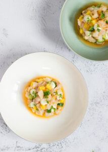 Ceviche van Kingfish met mango, passievrucht & wasabi-mayonaise