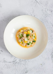 Ceviche van Kingfish met mango, passievrucht & wasabi-mayonaise