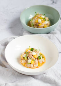 Ceviche van Kingfish met mango, passievrucht & wasabi-mayonaise