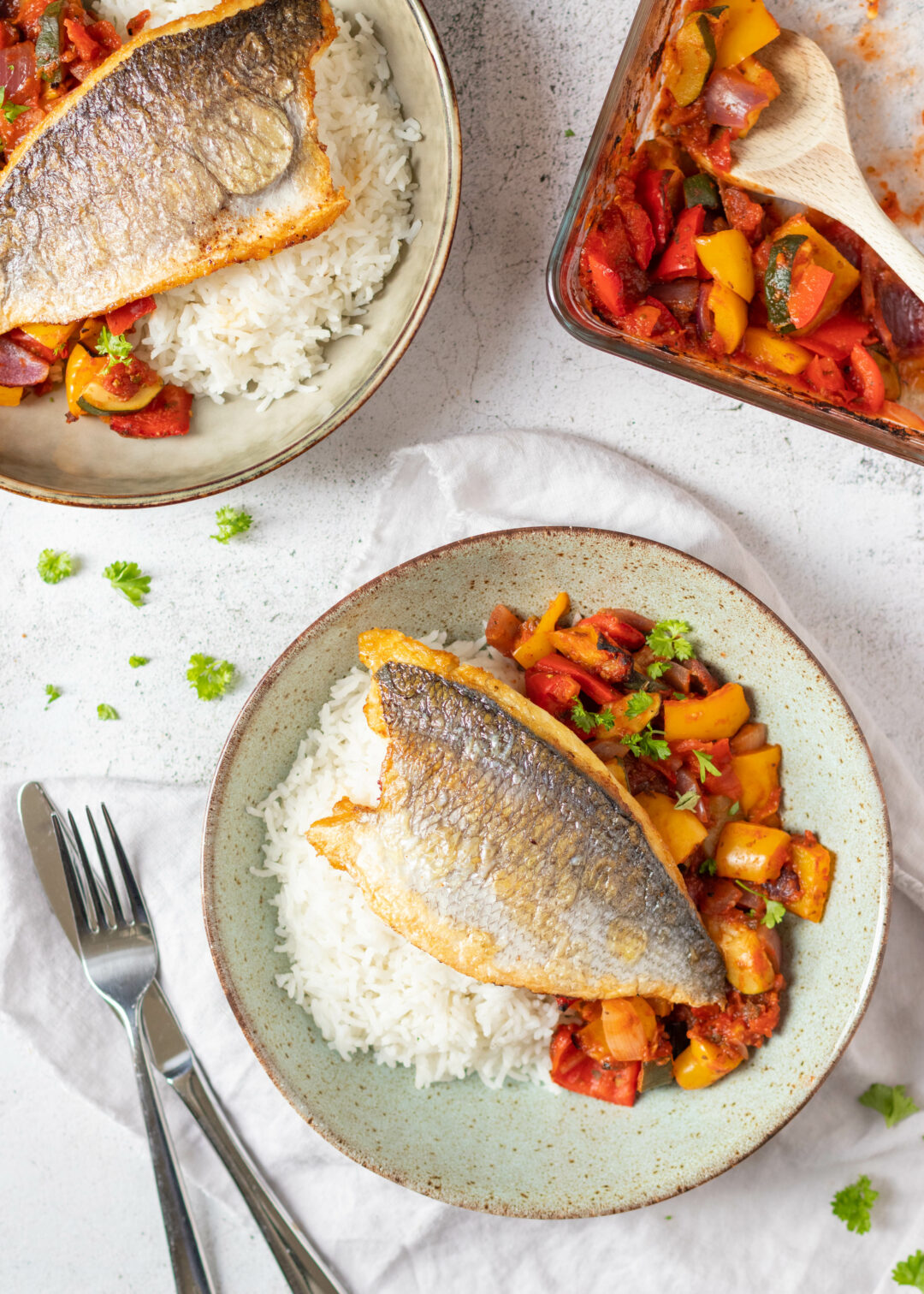Doradefilet met mediterrane gegrilde groenten & rijst