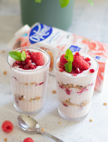 Yoghurt flip met frambozen, granaatappel & cruesli